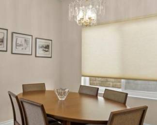Wall art is NOT available. Beautiful dining room table and chairs. Linens and tableware's to come.