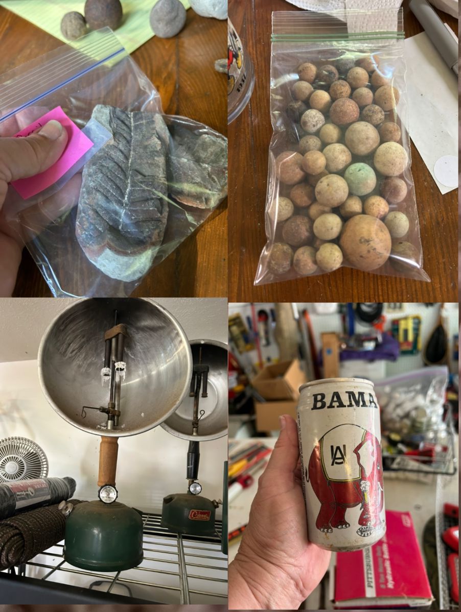 Fossil, Alabama root beer, clay marbles,
Vintage camping lamp