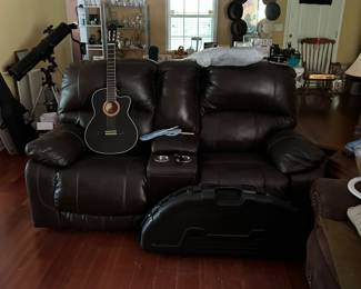 Electric leather double recliner with adjustable headrest