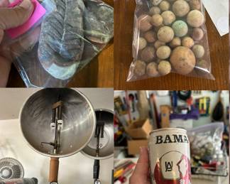 Fossil, Alabama root beer, clay marbles,
Vintage camping lamp
