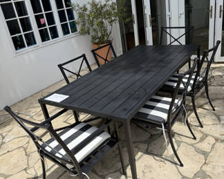 Restoration hardware outdoor dining table with chairs and cushions