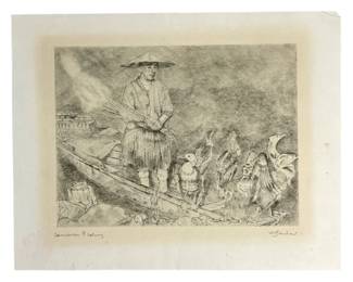 Signed Willy Seiler Japanese Fishing Etching
