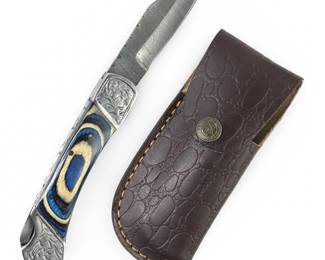 Custom Made Damascus Folding Pocket Knife W/Sheath
