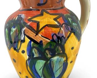 Signed Folk Art Hand-Painted Ceramic Pitcher