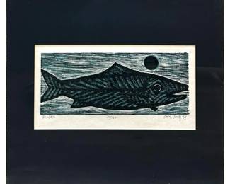 Signed Chin Sung “Pisces" Wood Block