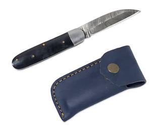 Custom Made Damascus Folding Knife W/Sheath