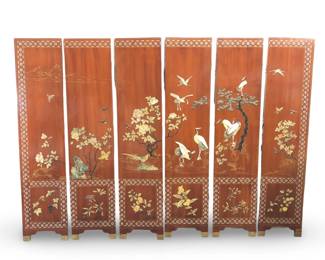 6 Panel Carved Wood LacqueredInlay Japanese Screen