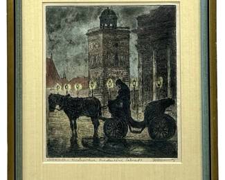 Antique Signed Landscape Colored Etching