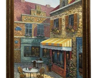 Vintage Cafe Street Corner Oil on Canvas