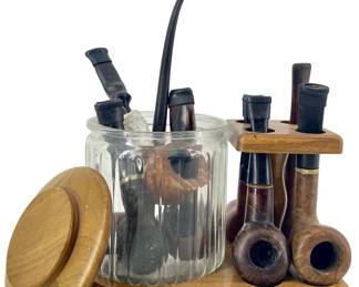 8pc Pipe Set with Glass Humidor and Wood Stand