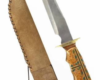 Custom Bowie Knife w/ Mosaic Inlay Handle & Sheath
