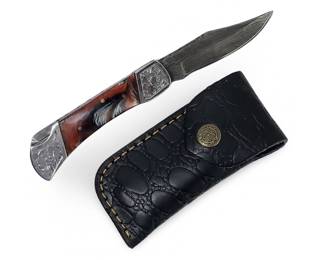 Custom Made Damascus Folding Pocket Knife W/Sheath