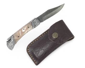Custom Made Damascus Folding Knife W/Sheath
