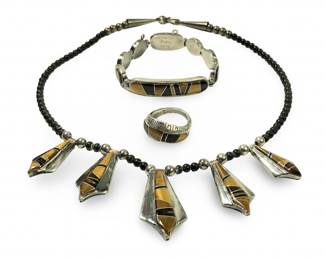 Calvin Begay Sterling Tiger’s Eye Onyx Jewelry Set