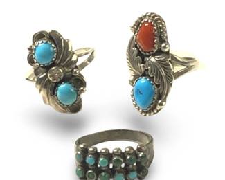 (3) Iconic Native American Silver Turquoise Rings