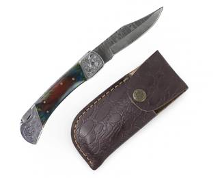 Custom Made Damascus Folding Pocket Knife W/Sheath