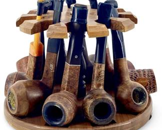 Vintage 10-Pipe Set with Rotating Wood Stand