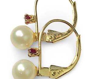 Pair 14KT Yellow Gold Ruby Pearl Earrings
