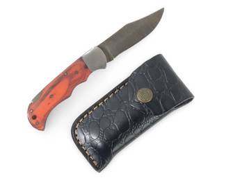 Custom Made Damascus Folding Pocket Knife W/Sheath