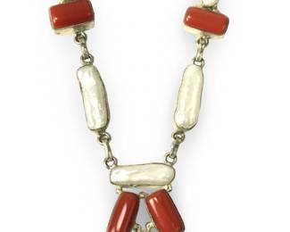 Remarkable Coral Mother of Pearl Silver Pendant