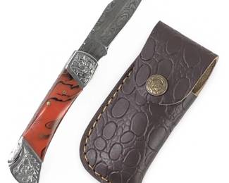 Custom Made Damascus Folding Pocket Knife W/Sheath