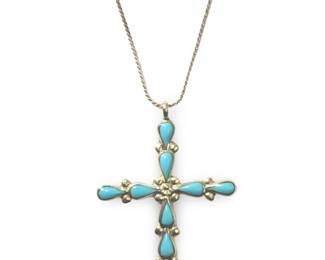 Intriguing Silver Turquoise Cross Pendant Necklace
