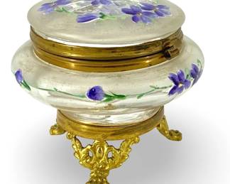 Art Nouveau Glass Trinket Box & Brass Stand