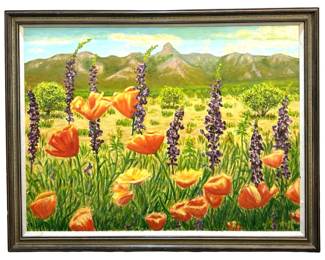 Signed Temple Flower Field Acrylic on Canvas