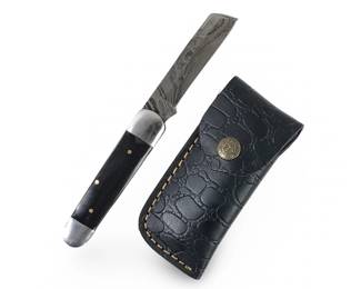 Custom Made Damascus Folding Pocket Knife W/Sheath