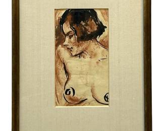 Vintage Signed Mixed Media Nude Portrait