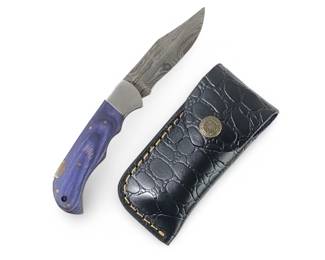 Custom Made Damascus Folding Pocket Knife W/Sheath