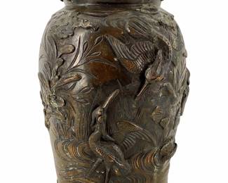 Meiji Bronze Heron Design Vase & Osaka Marking