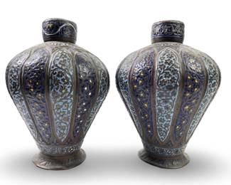 (2) Antique Kashmiri Enameled Cloisonné Urns