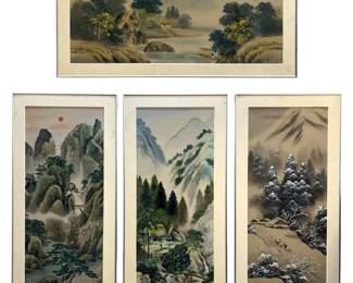 4pc. Old Asian Landscape Gouache on Silk