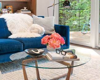 Blue velvet sofa originally $2800 for sale or best offer $1600
Design Within Reach knot pillow $85
Kush new wool rug $5,000 11x11 feet
Room & Board walnut and glass coffee table for sale