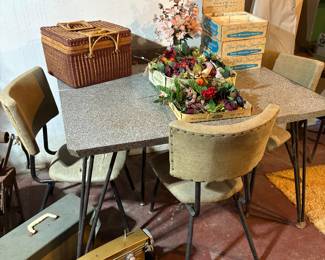 White sewing machine, vintage table,