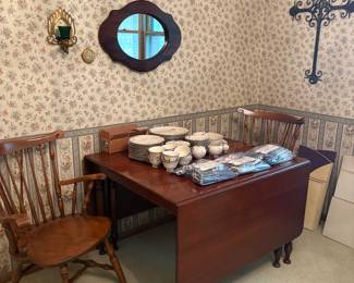 Maple dining room table.
Maple drop leaf dining room table
Maple chairs
China set
Silverware