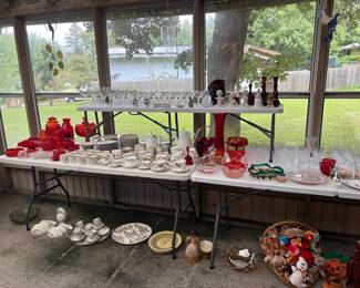 China set , red moon, and stars, tea cups, crystal, beenie babies