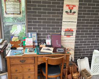 Maple desk, baskets, office supplies