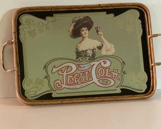 Vintage Made in Hong Kong Pepsi Cola Mirror Bamboo Tray w/Handles
