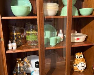 Fire king jadite, fire king luster, owl cookie jar