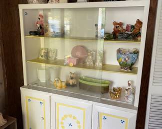 Great painted hutch, vintage planters, and vases