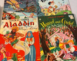 Vintage color by numbers, Thumbelina, Pinocchio, Aladdin, Hansel, and Gretel