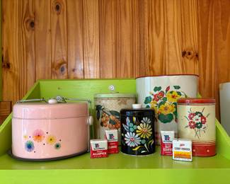 Great vintage kitchen tins, cake, carrier, canisters, Mccormick, metal spice jars, trashcan