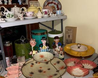 Teapot, tea cups and saucers, ice buckets, mid-century, serving trays, decanters, chalk, where fish, cream and sugars