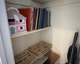 lots of great old books, 1950's year books, historic newspapers & vintage doll houses.