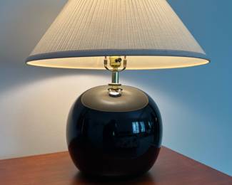 This "spherical black opaline glass" table lamp by or in the style of "Jacques Adnet" sets off this entire MCM bedroom set perfectly!