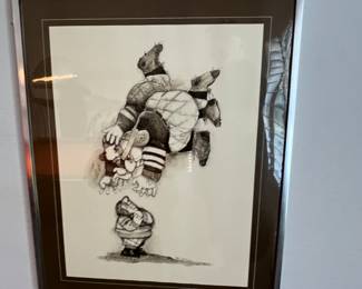 A series of golf and other drawings framed comic art from the 1970's.