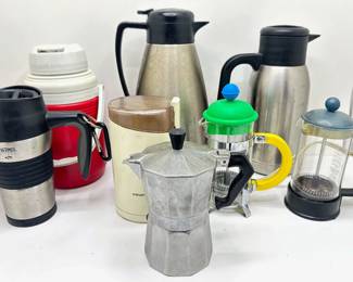 Vintage Italian Coffee Maker, 2 Bodum Coffee Presses, Carafes, Thermoses & Coffee Bean Grinder
Lot #: 116