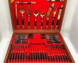 Vintage Siam Goddess Brass & Rosewood Flatware Set In Original 2 Tier Box With Extra Pieces, Appears Unused
Lot #: 13